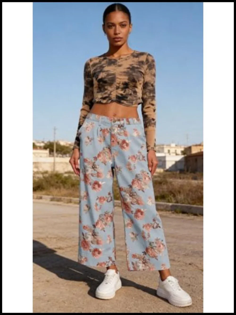 Mid Rise Cropped Wide Leg Floral Jeans Denim Palazzo Pants - Picture 2 of 6